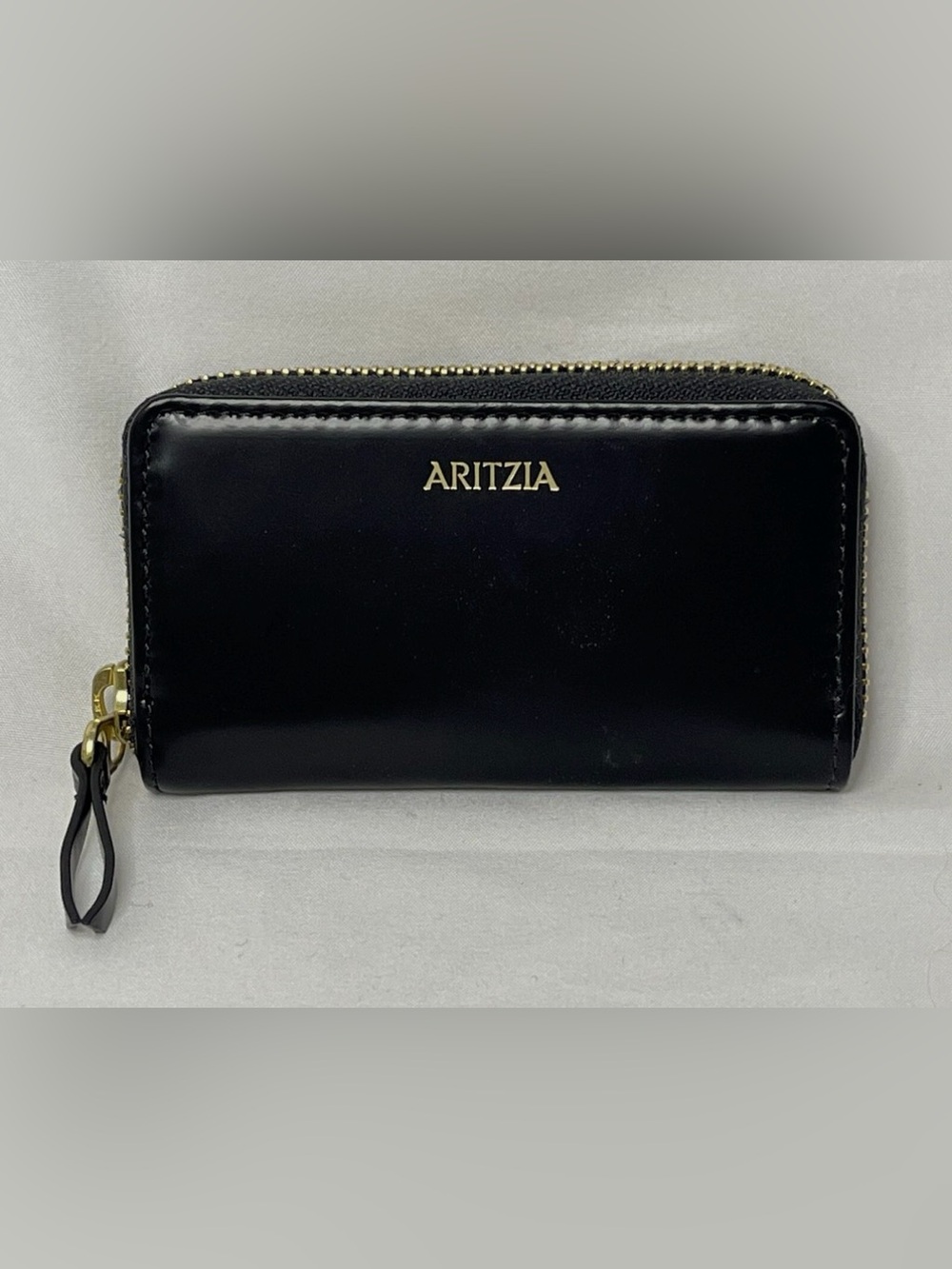 Aritzia Clientele Black Patent 100% Leather Zip Wallet Gold Embossed Logo